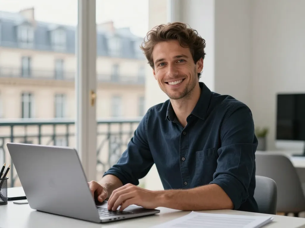 Portrait d'un expert en stratégie web souriant dans un bureau parisien moderne pour un accompagnement SEO.