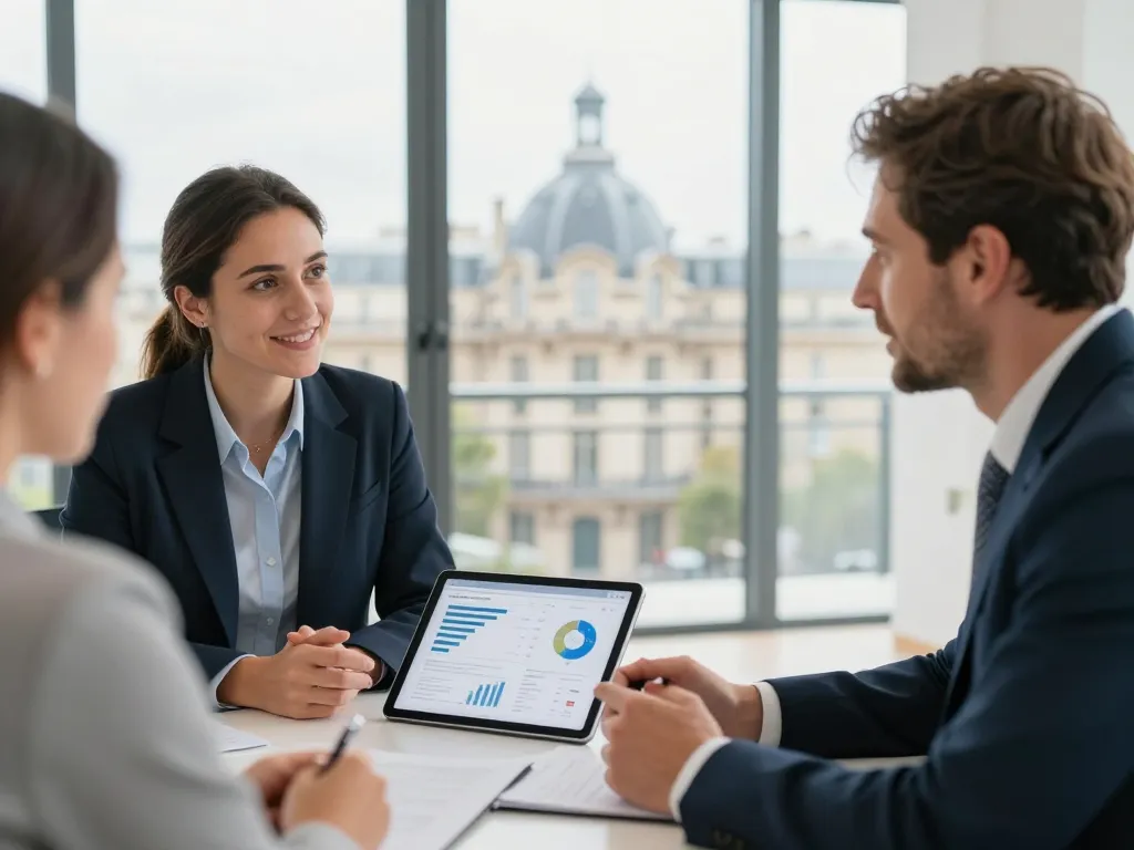 Un expert en stratégie digitale échange avec un partenaire dans un bureau lumineux à Paris.