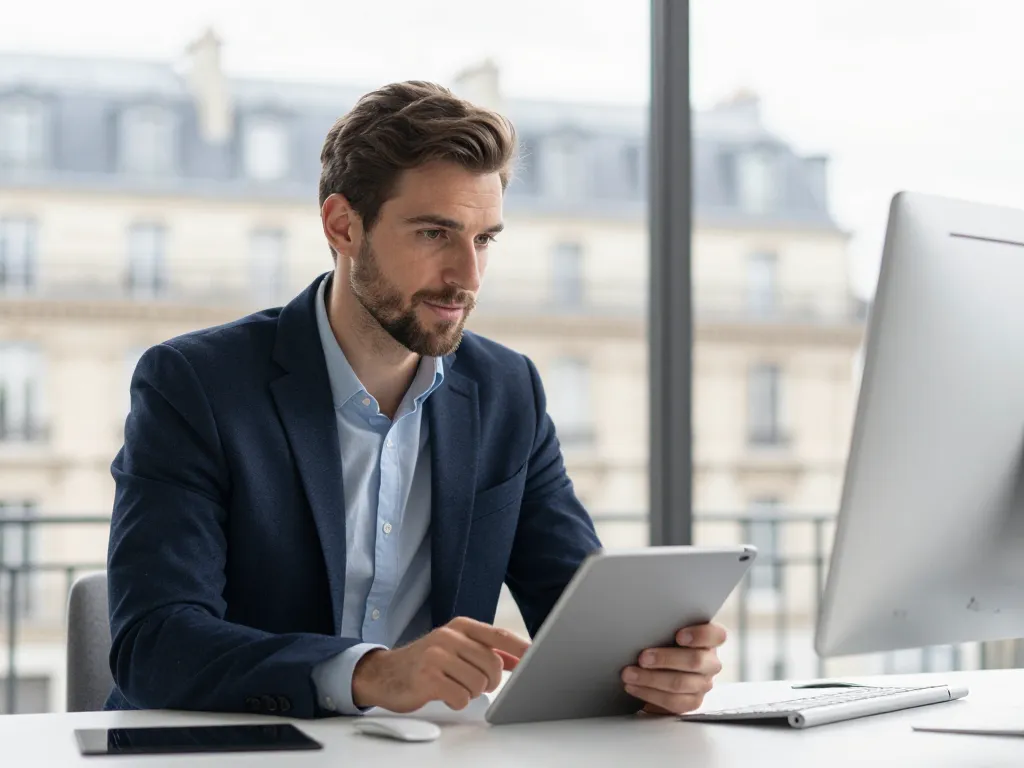 Un expert en stratégie SEO en pleine discussion professionnelle dans un bureau parisien moderne et lumineux.