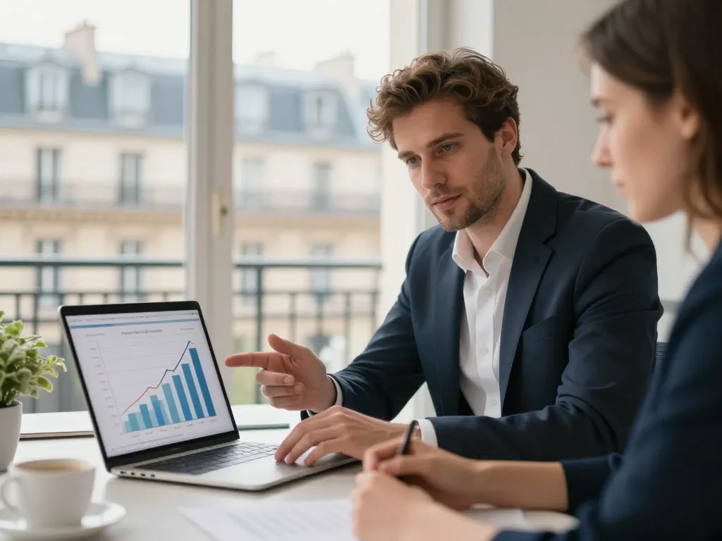 Expert en référencement naturel à Paris analysant des graphiques de croissance avec un partenaire dans un bureau moderne.