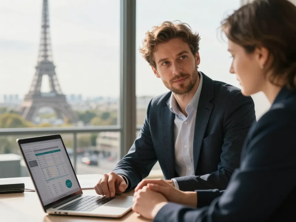Expert en référencement naturel à Paris discutant d'une stratégie de croissance digitale avec un partenaire dans un bureau moderne.