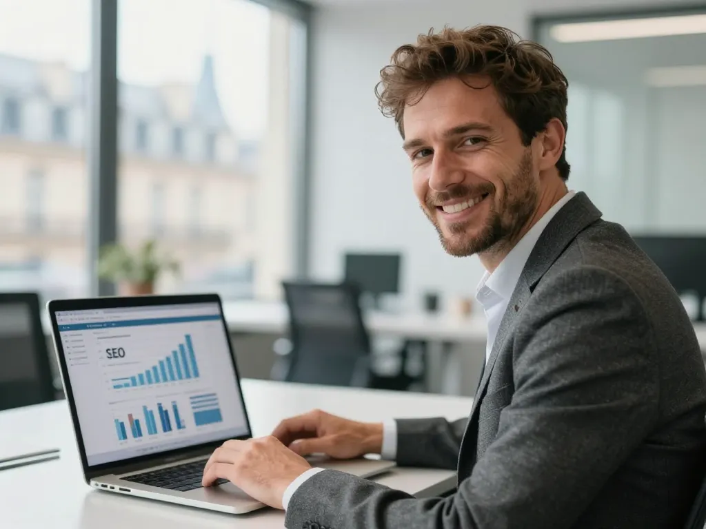 Un expert en stratégie digitale souriant devant un écran affichant des graphiques de performance SEO positive dans un bureau parisien.