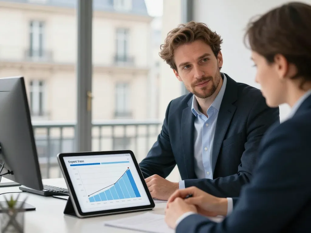 Consultant SEO expert présentant des graphiques de performance et de réussite digitale à un client dans un bureau moderne.