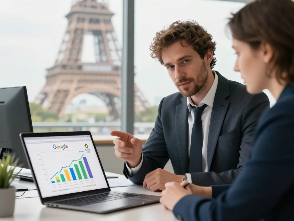 Un consultant en référencement naturel accompagnant un chef d'entreprise pour booster sa visibilité locale à Paris.