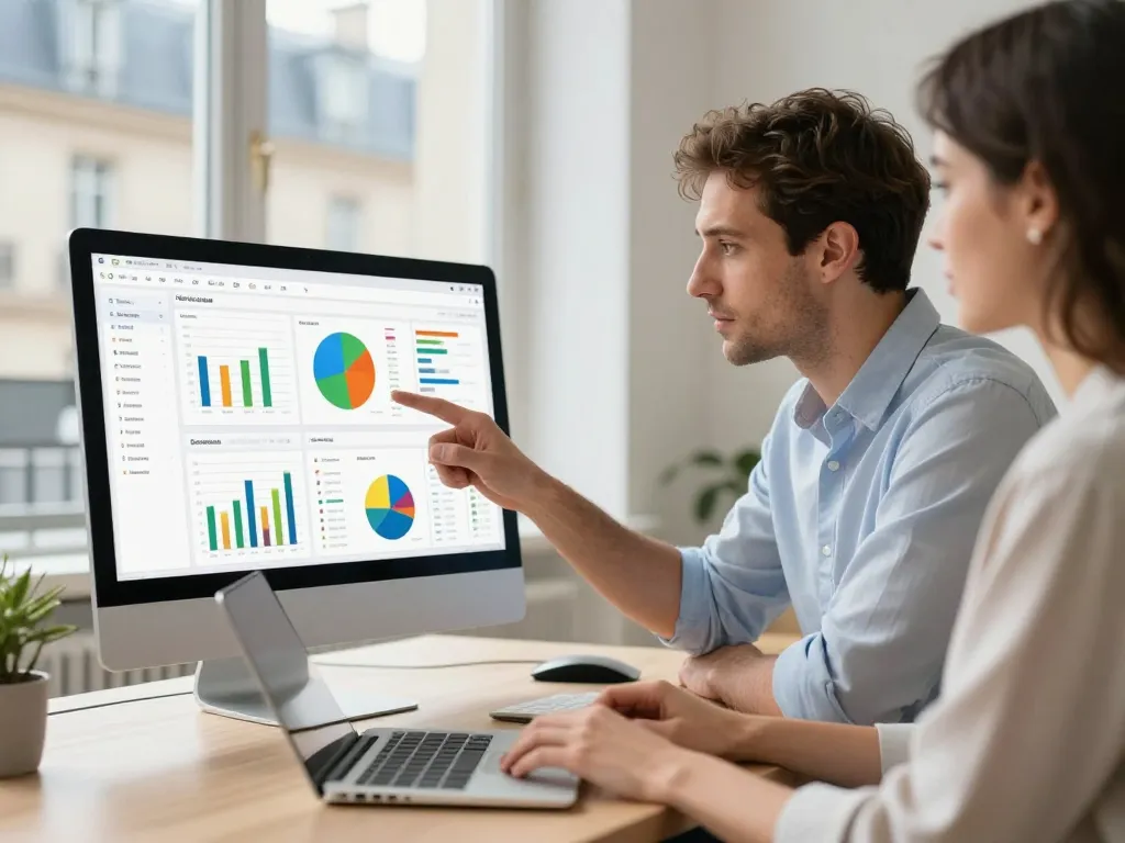 Un expert en référencement analysant des graphiques de données stratégiques avec une cliente dans une agence SEO à Paris.
