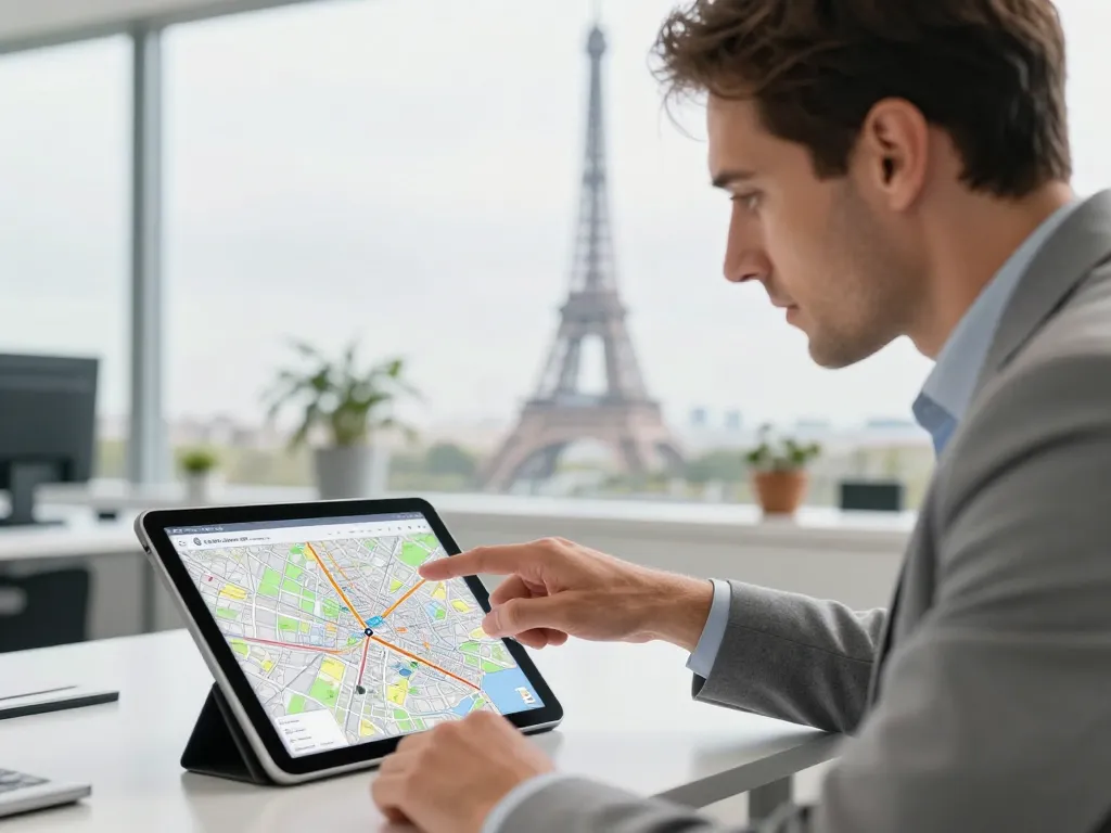 Expert en référencement local montrant une carte interactive de Paris sur une tablette dans un bureau moderne.