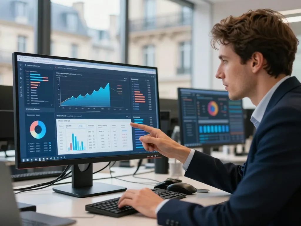 Deux experts SEO analysant des graphiques de performance et des indicateurs de rentabilité sur un écran dans un bureau moderne.