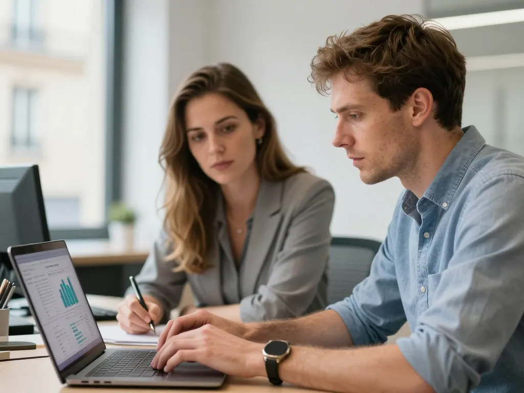 Sarah et Thomas, experts en marketing digital, collaborant sur un audit de performance dans leurs bureaux à Paris.