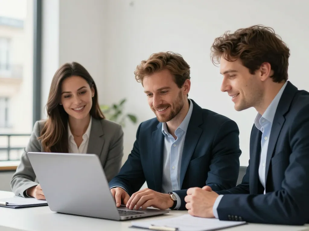 Groupe de consultants spécialisés en publicité en ligne discutant des résultats de performance dans un espace de travail lumineux à Paris.
