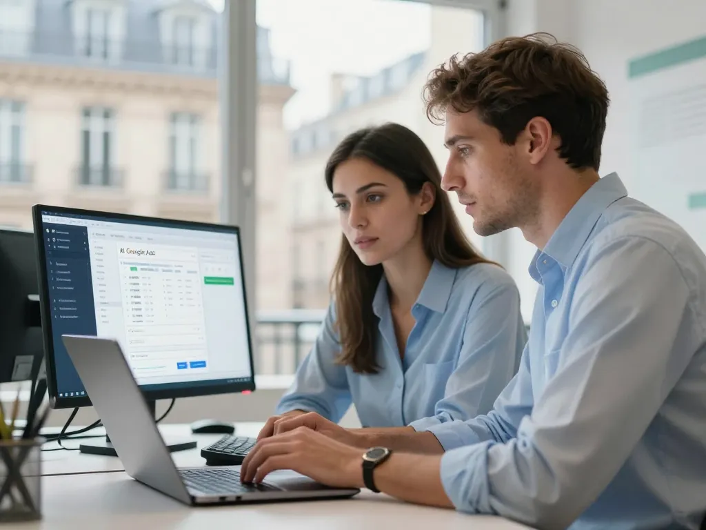 Experts en marketing digital analysant des données d'automatisation et d'intelligence artificielle pour des campagnes publicitaires à Paris.