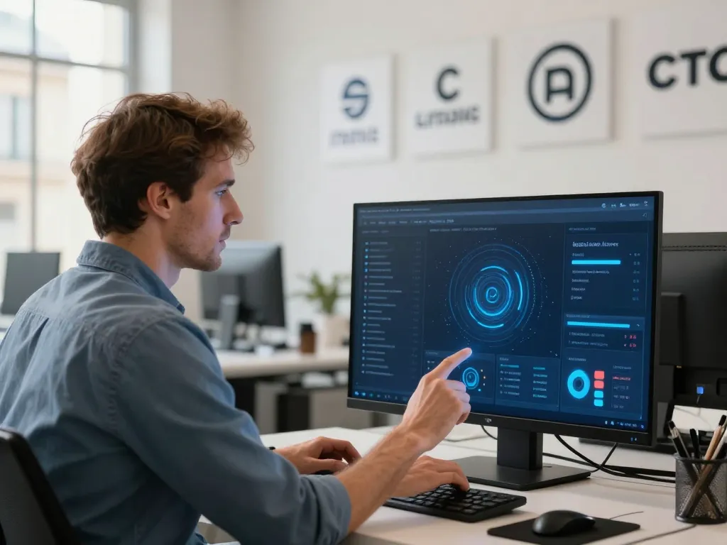 Spécialiste du marketing digital analysant des données automatisées sur un écran high-tech dans une agence de publicité moderne.