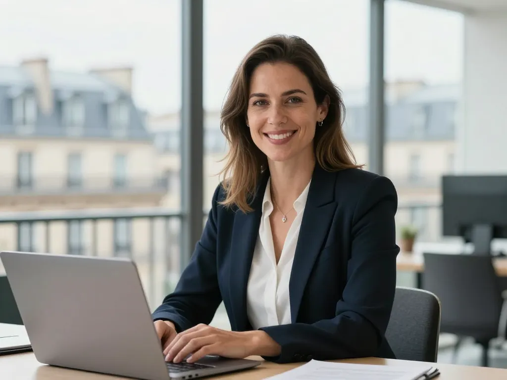 Portrait professionnel de Julie, consultante en référencement naturel souriante dans son agence de SEO à Paris.