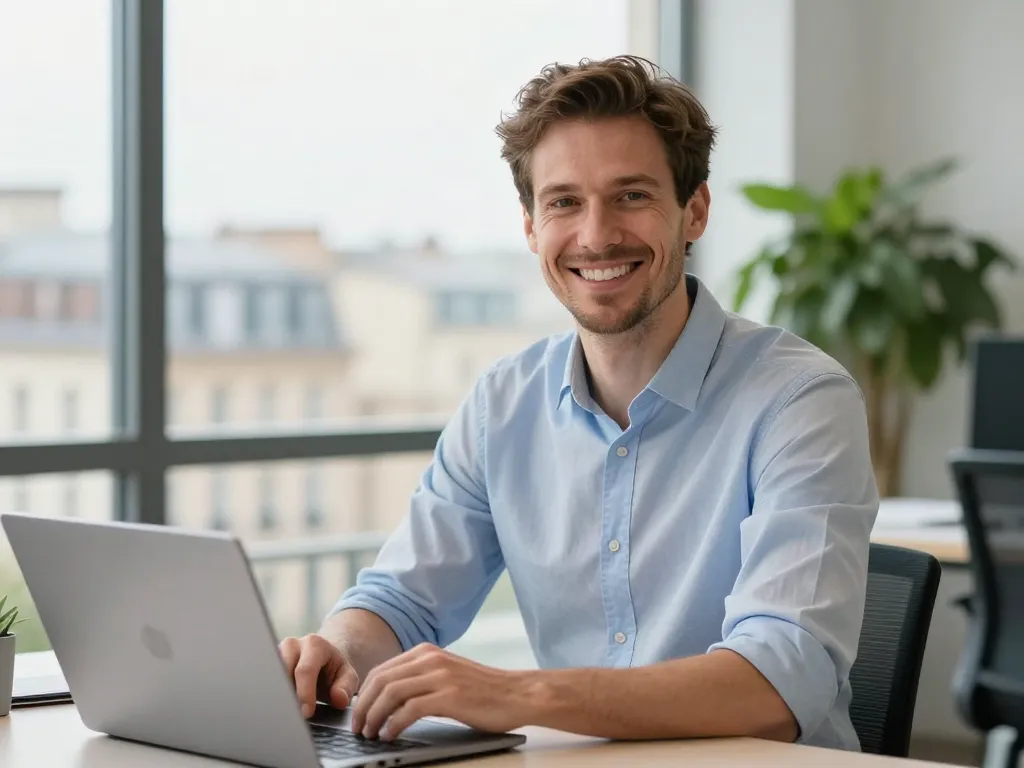 Portrait professionnel de Kevin, expert en référencement naturel à Paris, souriant dans un bureau moderne et lumineux.