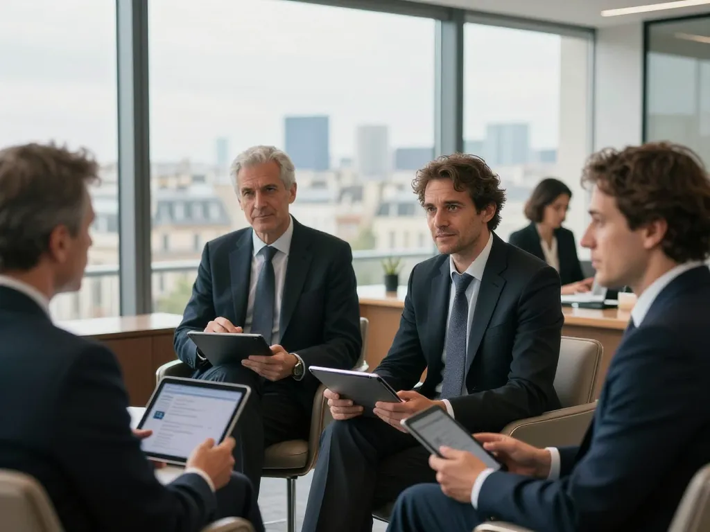Groupe de dirigeants d'entreprise souriants et professionnels dans un bureau moderne à Paris, illustrant le succès et l'autorité numérique.