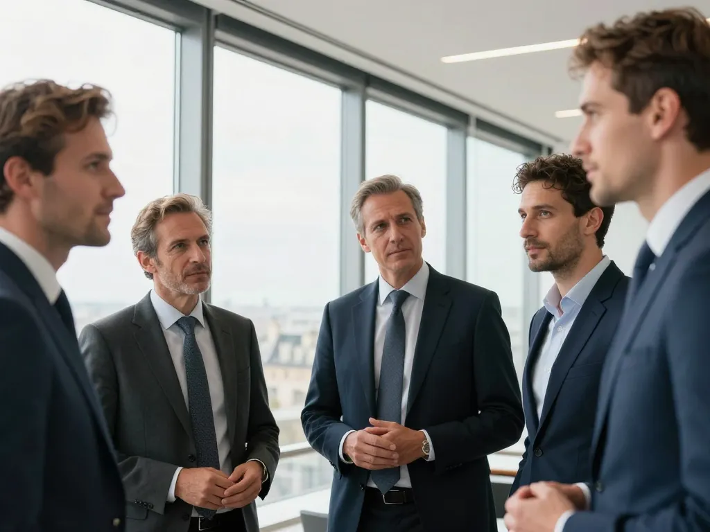 Groupe de dirigeants d'entreprise collaborant dans un bureau moderne à Paris avec une vue urbaine en arrière-plan.