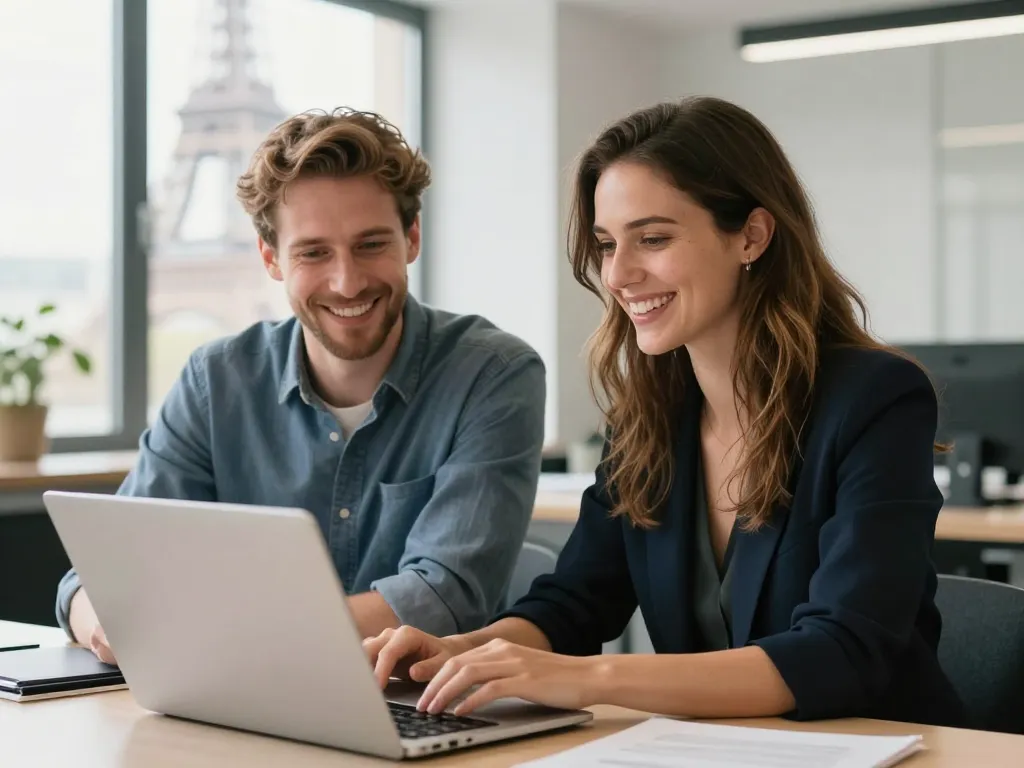 Lucas et Claire, experts en référencement naturel à Paris, discutant de stratégie SEO devant un écran dans leur agence professionnelle.