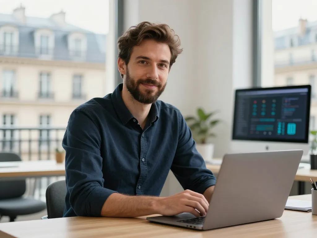 Portrait professionnel de Marc, consultant expert en référencement naturel à Paris, travaillant dans un bureau moderne et lumineux.