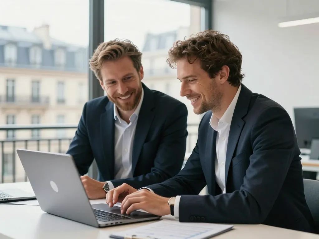 Marine et Lucas, consultants experts en référencement naturel, collaborant avec sourire dans leur agence de Paris.