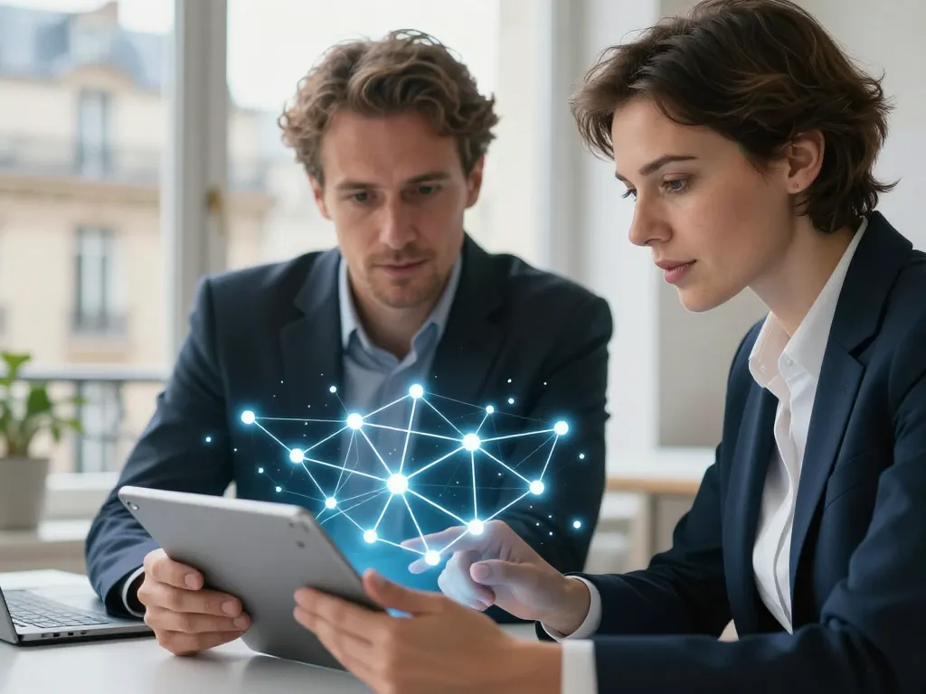 Experts en stratégie de netlinking à Paris analysant un réseau de liens numériques pour booster le référencement.