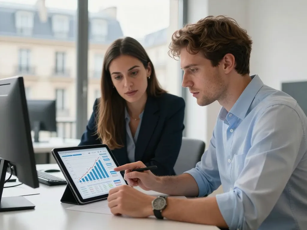 Deux consultants en marketing digital analysant des rapports de performance et des graphiques de croissance dans un bureau moderne.