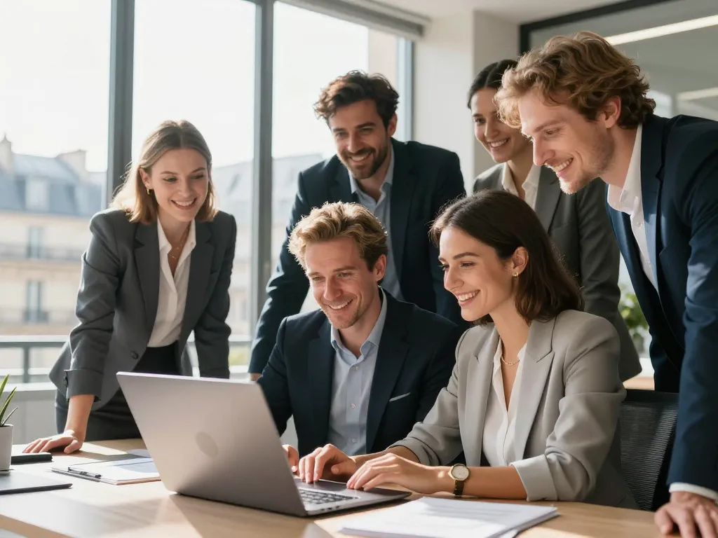 Une équipe de consultants SEO à Paris célébrant le succès d'une stratégie d'acquisition organique devant un ordinateur dans un bureau lumineux.