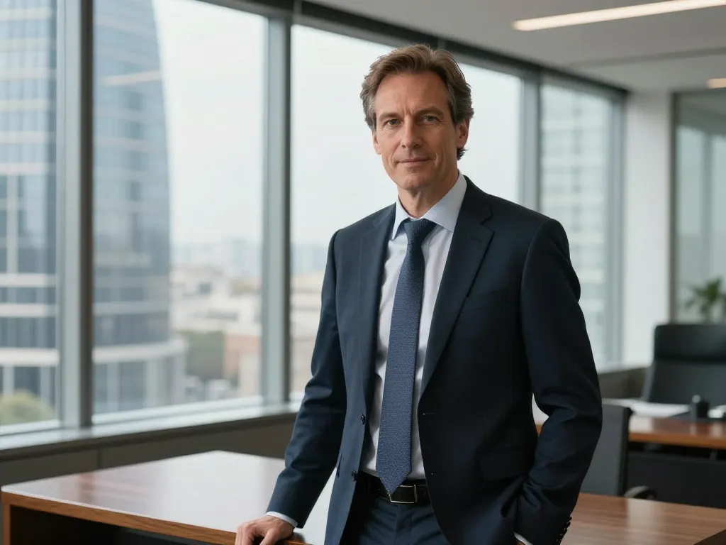 Portrait d'un dirigeant du secteur de la finance dans un bureau moderne à Paris illustrant la réussite en optimisation IA.