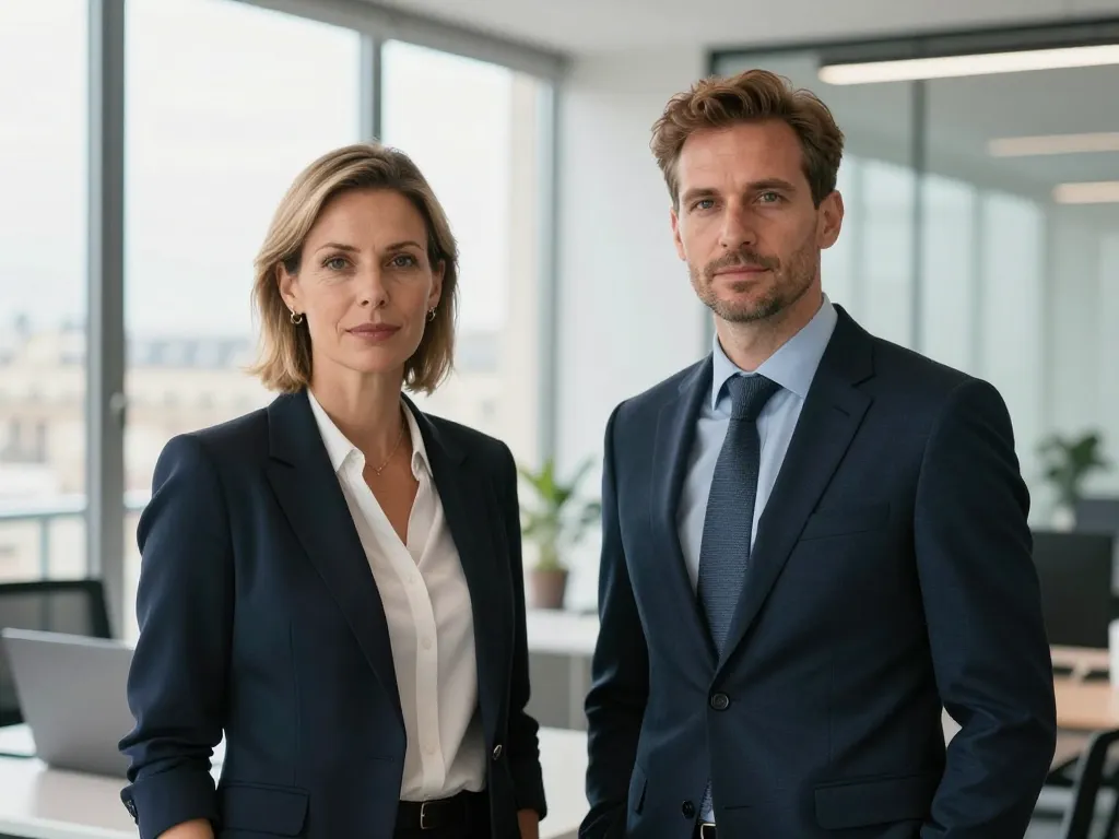 Portraits réalistes de deux dirigeants d'entreprise souriants dans un bureau moderne à Paris, symbolisant la réussite et l'autorité numérique.