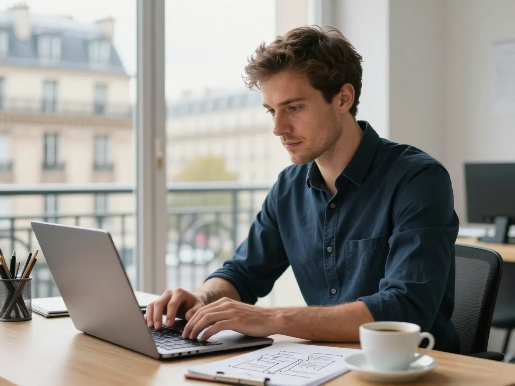 Expert SEO analysant l'optimisation technique et la structure sémantique d'un site web dans un bureau parisien.
