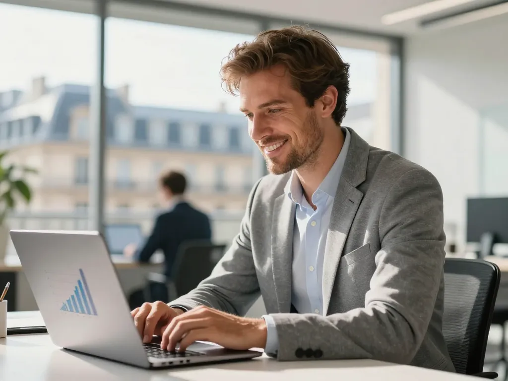 Entrepreneur parisien souriant devant son ordinateur montrant la progression de son site web dans les résultats de recherche.