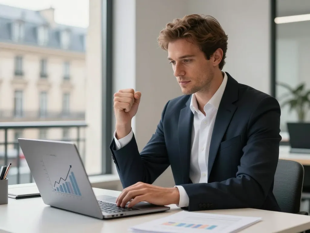 Entrepreneur souriant devant son écran affichant des résultats de croissance SEO positive dans un bureau parisien.