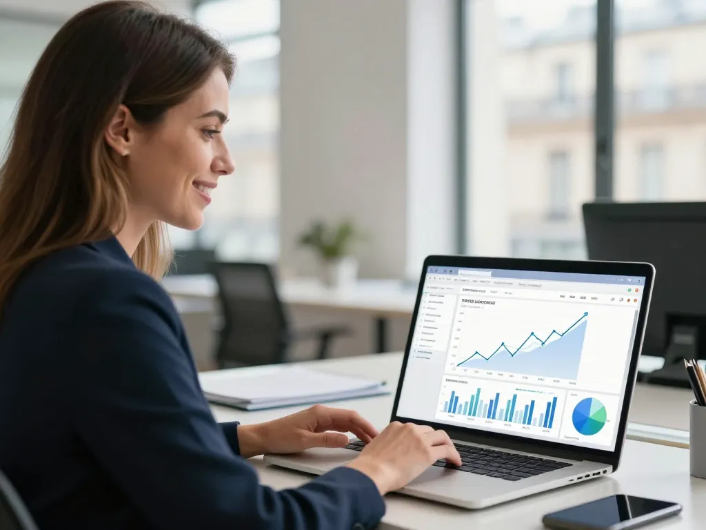 Portrait d'une dirigeante d'entreprise satisfaite analysant la progression de son référencement sur Google.