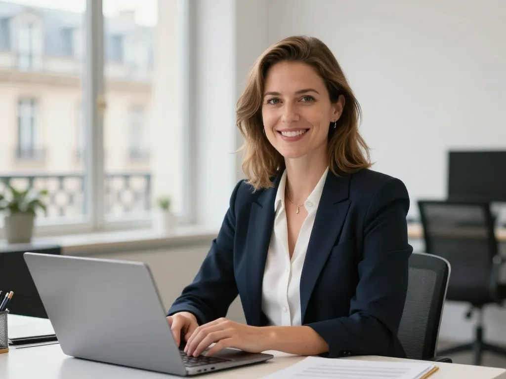 Portrait professionnel de Sarah, experte en stratégie de référencement naturel travaillant dans son agence à Paris.