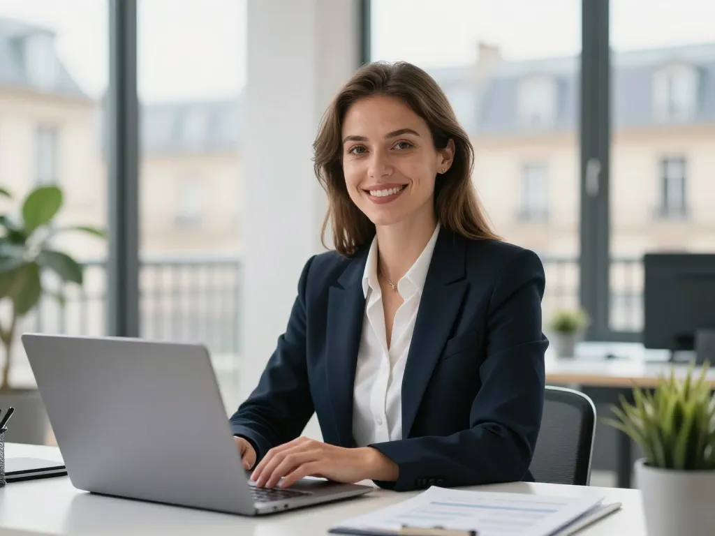 Portrait de Sarah, experte en stratégie SEO Shopify à Paris, travaillant sur la croissance organique de ses clients dans un bureau lumineux.