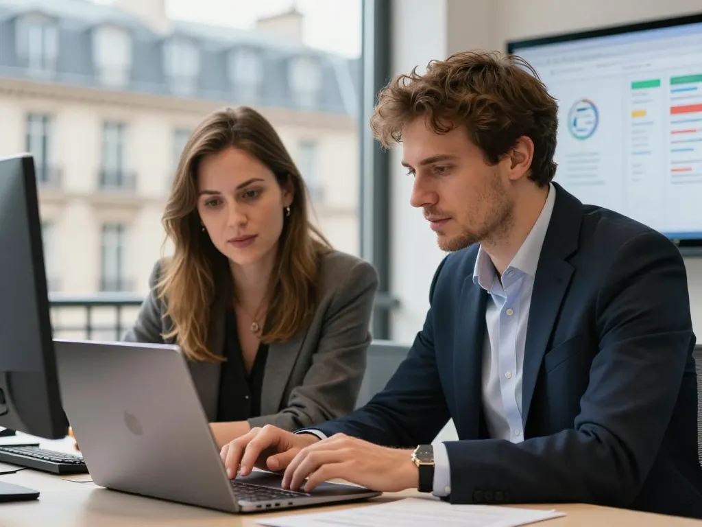 Sarah et Thomas, experts en marketing digital, collaborant sur une stratégie publicitaire dans un bureau moderne à Paris.