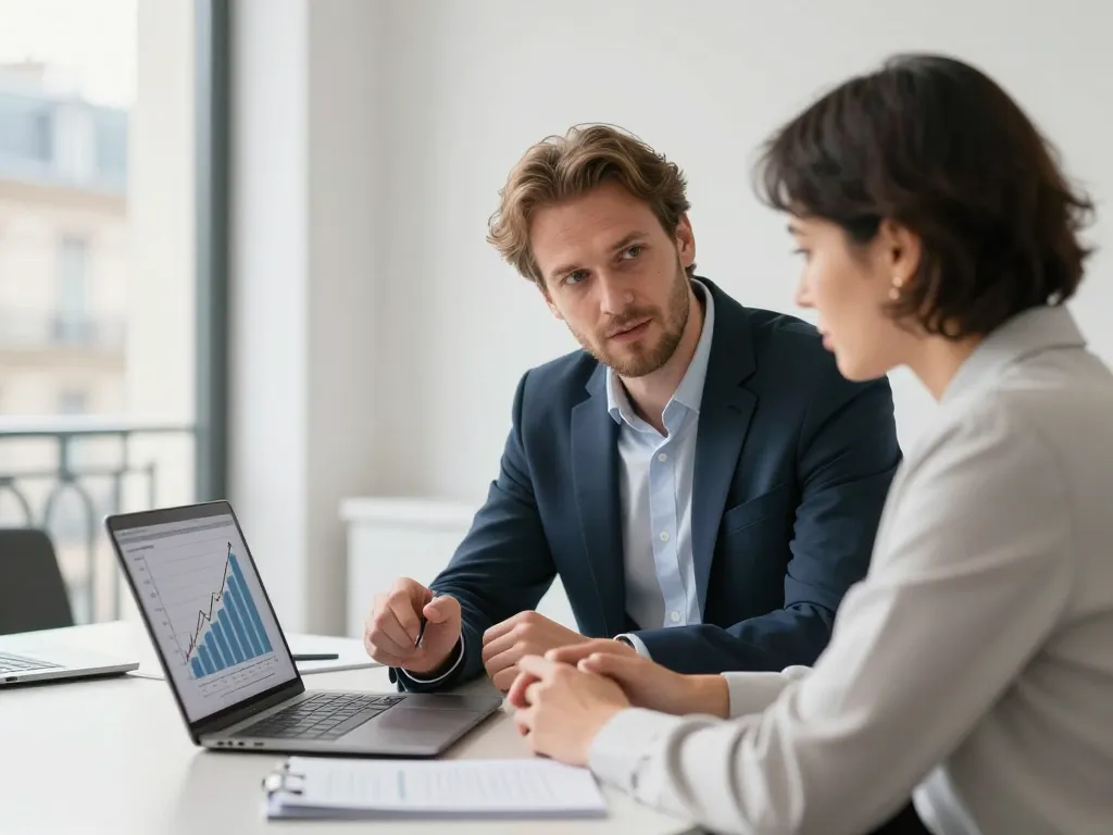 Consultant en référencement naturel analysant des graphiques de croissance avec un partenaire dans un bureau parisien.