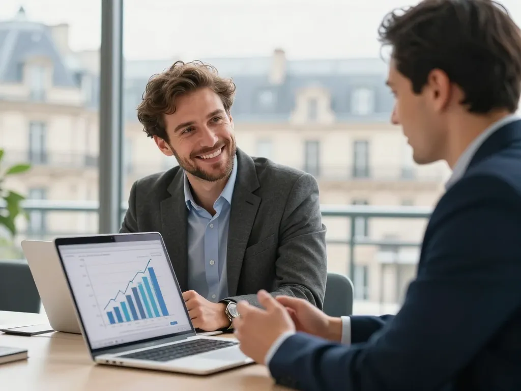 Un entrepreneur et un expert en stratégie digitale analysant des résultats de croissance positive sur un ordinateur dans un bureau à Paris.