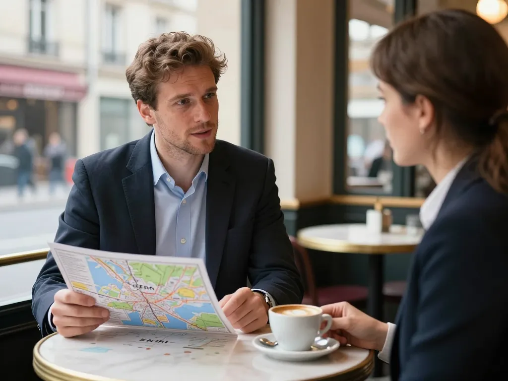 Expert SEO et client discutant de stratégie de visibilité autour d'un café avec un plan de Paris.