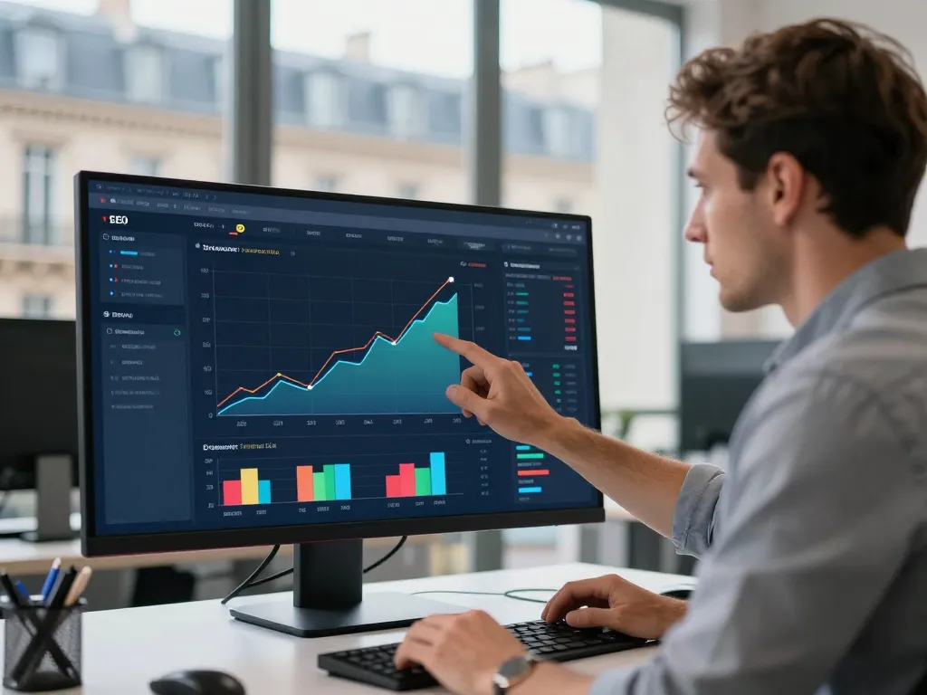 Expert en stratégie de netlinking analysant les résultats de croissance sur un tableau de bord de performance SEO dans un bureau à Paris.