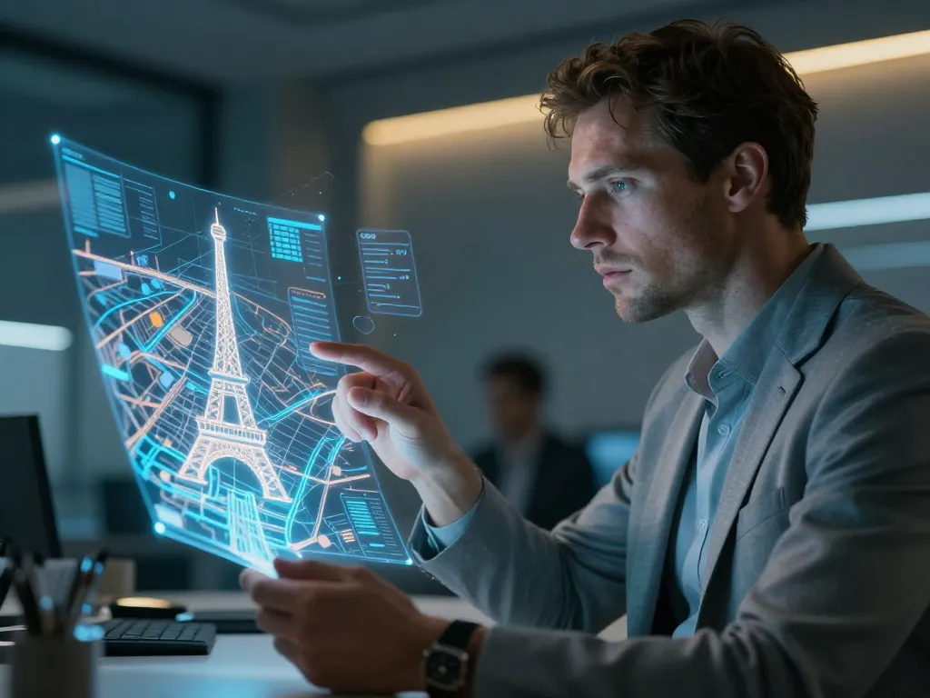 Un expert en marketing digital manipulant une carte de Paris en relief avec des données d'intelligence artificielle dans un bureau moderne.