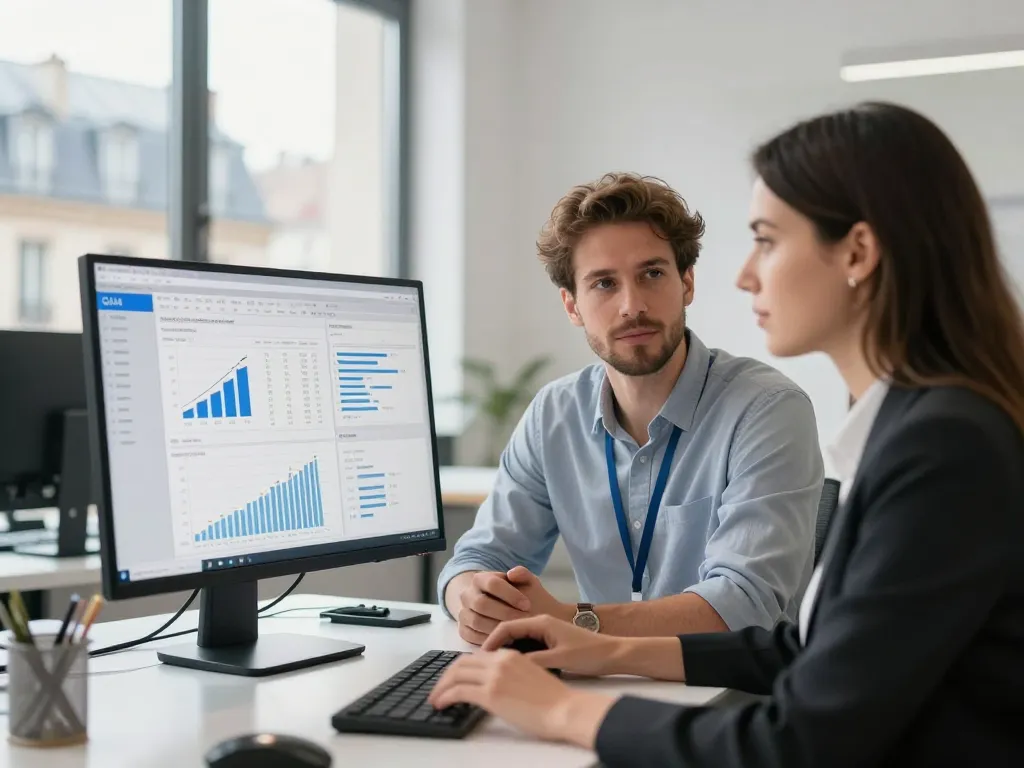 Experts en marketing digital examinant des statistiques et analyses de données GA4 sur un écran d'ordinateur dans un bureau à Paris.