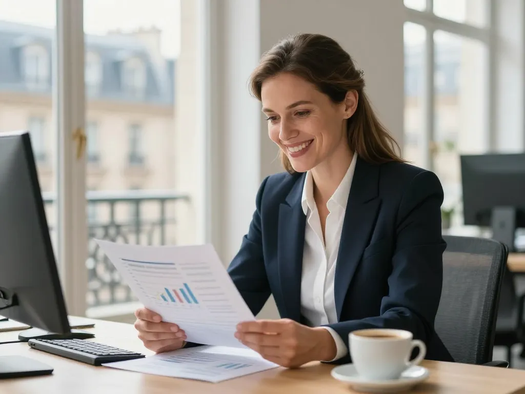 Portrait d'une cliente satisfaite et souriante dans son bureau à Paris illustrant le succès d'une stratégie de référencement.
