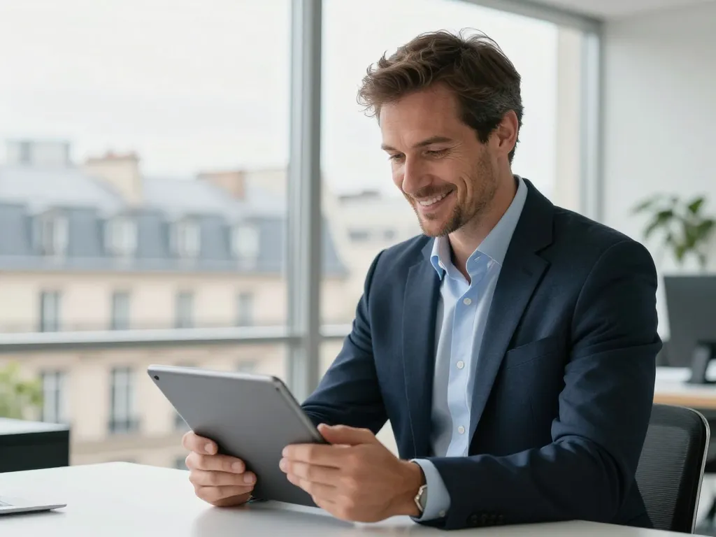 Portrait d'un chef d'entreprise satisfait dans un bureau moderne à Paris, symbolisant la réussite et la croissance grâce au référencement naturel.