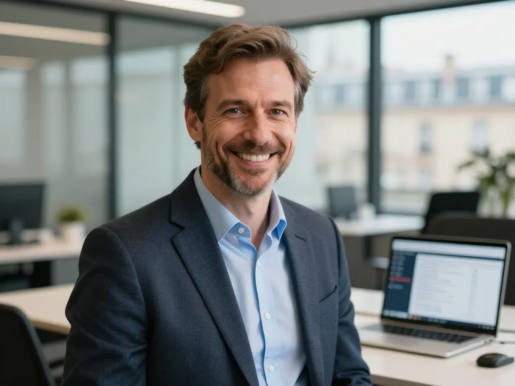 Portrait professionnel de Marc A. souriant dans un bureau parisien moderne, illustrant sa réussite professionnelle.