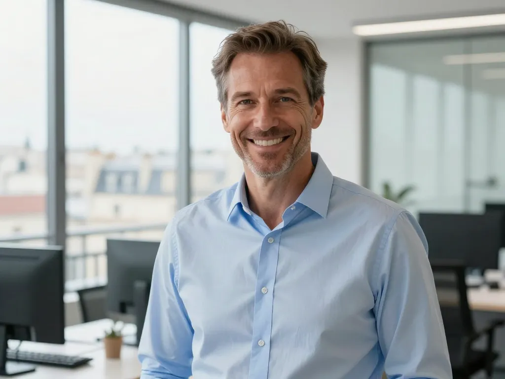 Portrait de Jean D., un entrepreneur souriant dans son bureau à Paris témoignant de la réussite de sa stratégie de visibilité en ligne.