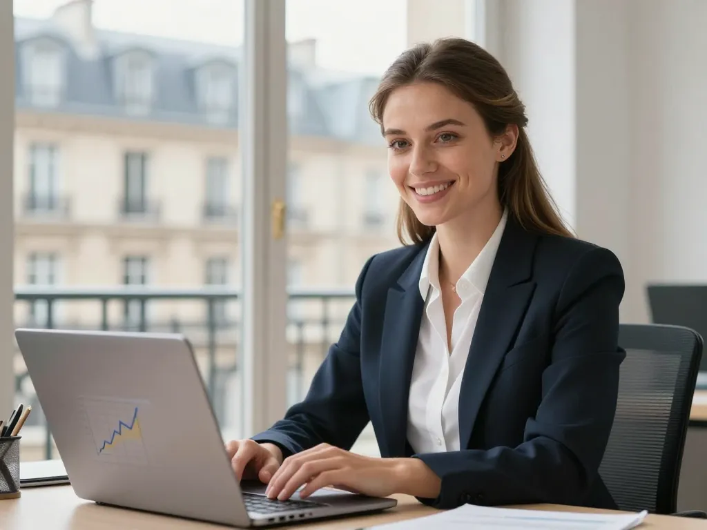 Portrait professionnel de Sophie L., cliente satisfaite de l'agence SEO, souriante dans un bureau lumineux à Paris.
