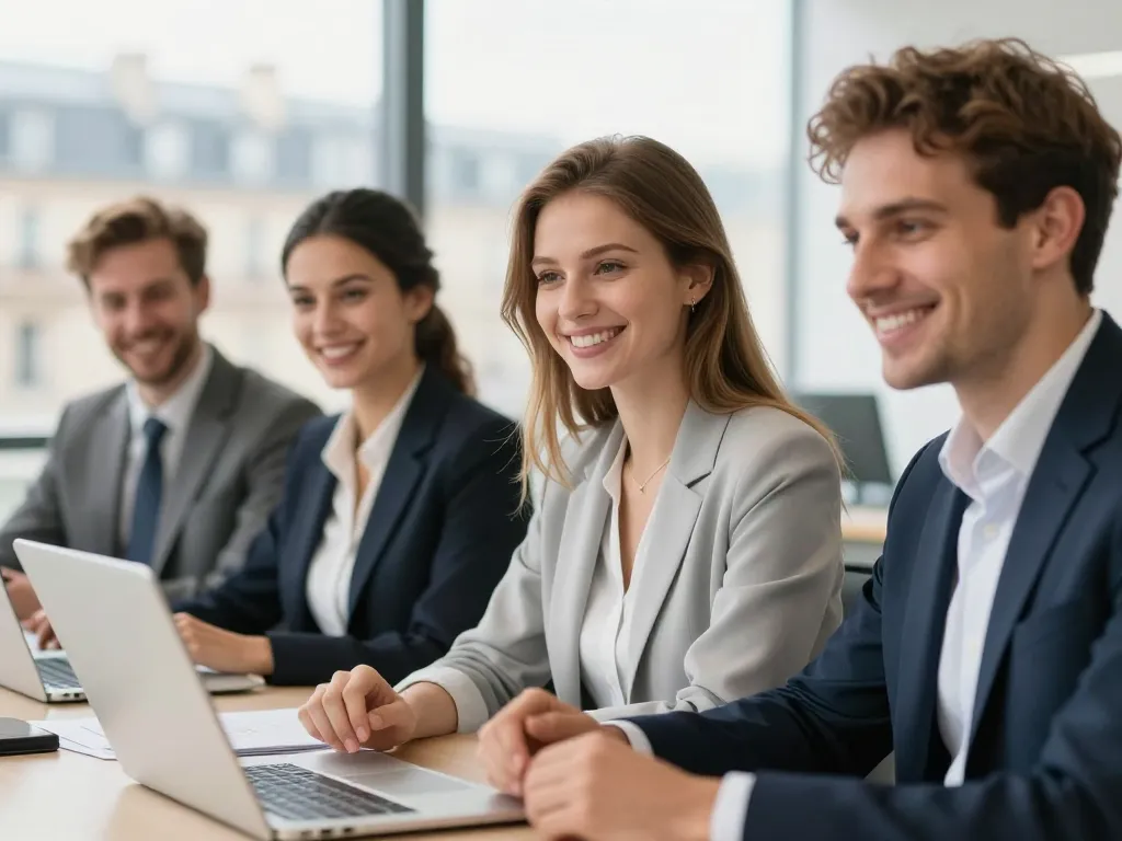 Équipe de professionnels souriants dans un bureau à Paris symbolisant la satisfaction des utilisateurs de l'agence.