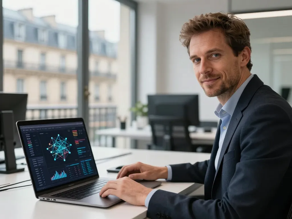 Thomas, expert en SEO à Paris, travaillant sur l'optimisation pour l'intelligence artificielle dans un bureau moderne et lumineux.