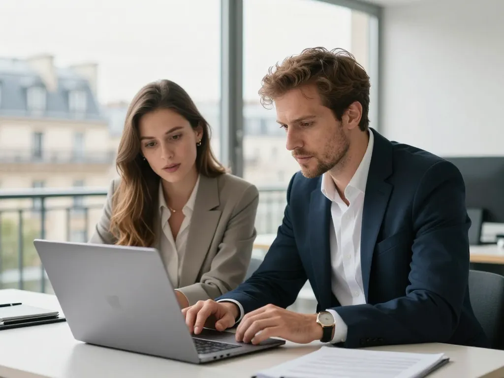 Thomas et Léa, consultants experts en marketing digital, analysant des résultats de performance SEA dans un bureau parisien.