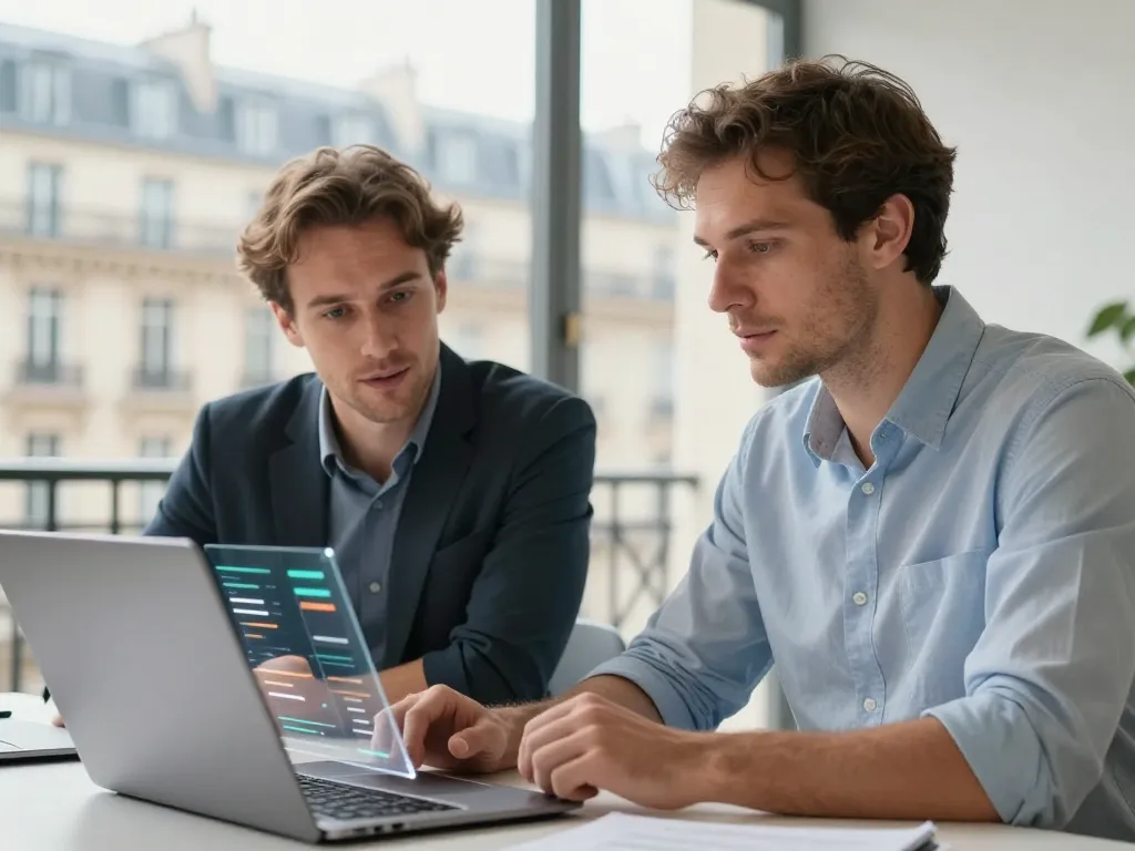 Consultant SEO et client analysant des graphiques de performance en toute transparence dans un bureau moderne à Paris.