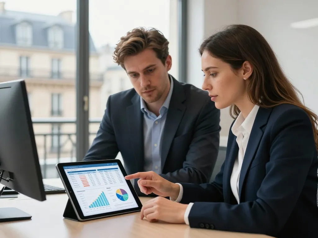 Deux experts en référencement naturel discutant de manière transparente autour d'une analyse tarifaire sur tablette dans un bureau parisien.